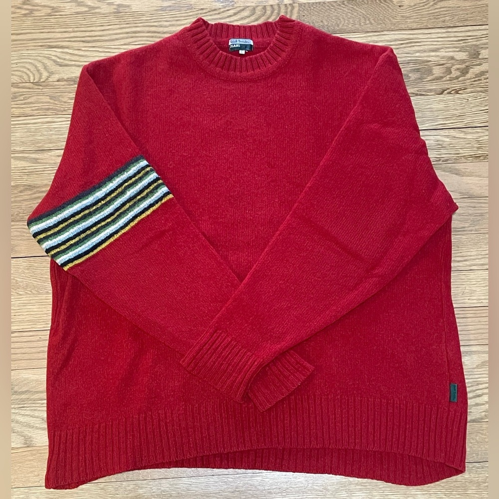 90s Paul Smith Red Artist- Stripe Detailed Unisex Wool Sweater Sz L / Men’s S